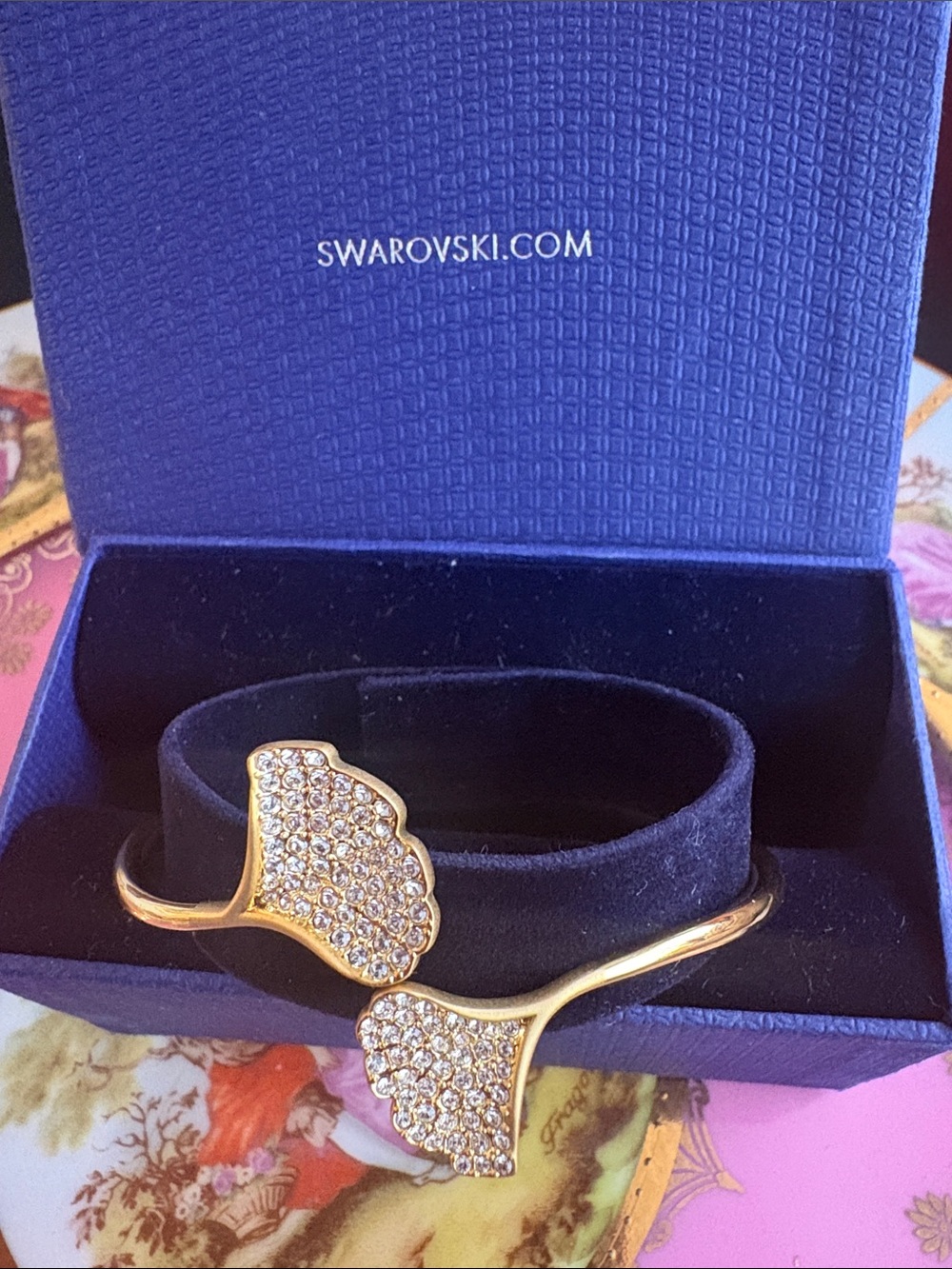 Swarovski Gold Pavé Crystal Leaf Open Cuff Bracelet